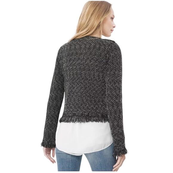 White House Black Market Black Knit Tweed Raw Hem Open Jacket Size Medium - Picture 2 of 10